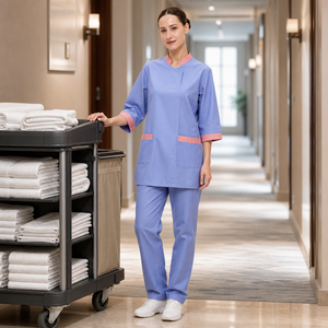 Set Uniforme per Personale di Pulizia, Tunica per Cameriere di Hotel, Manica 3/4 con Finiture <span class=keywords><strong>a</strong></span> Contrasto, Abbigliamento da Lavoro per Addetti alle Pulizie, Logo Personalizzabile - Product Image 1