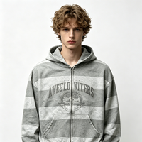 Hoodie Zip Up Heavyweight Vintage Wash Bergaris Streetwear Atasan Pria Abu-abu Putih Garis Horizontal Grafis Pullover Grosir