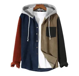 OEM Long Sleeve Logo Embroidery Pocketed Thick Corduroy Men Shirt with Hood