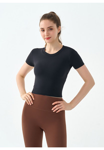 Wholesale Women Twist Criss Cross <b>Open</b> Back Yoga Crop Tops Stretch Short Sleeve Slim Athletic T Shirts Built in <b>Bra</b> Pilates Tee - Product Image 2