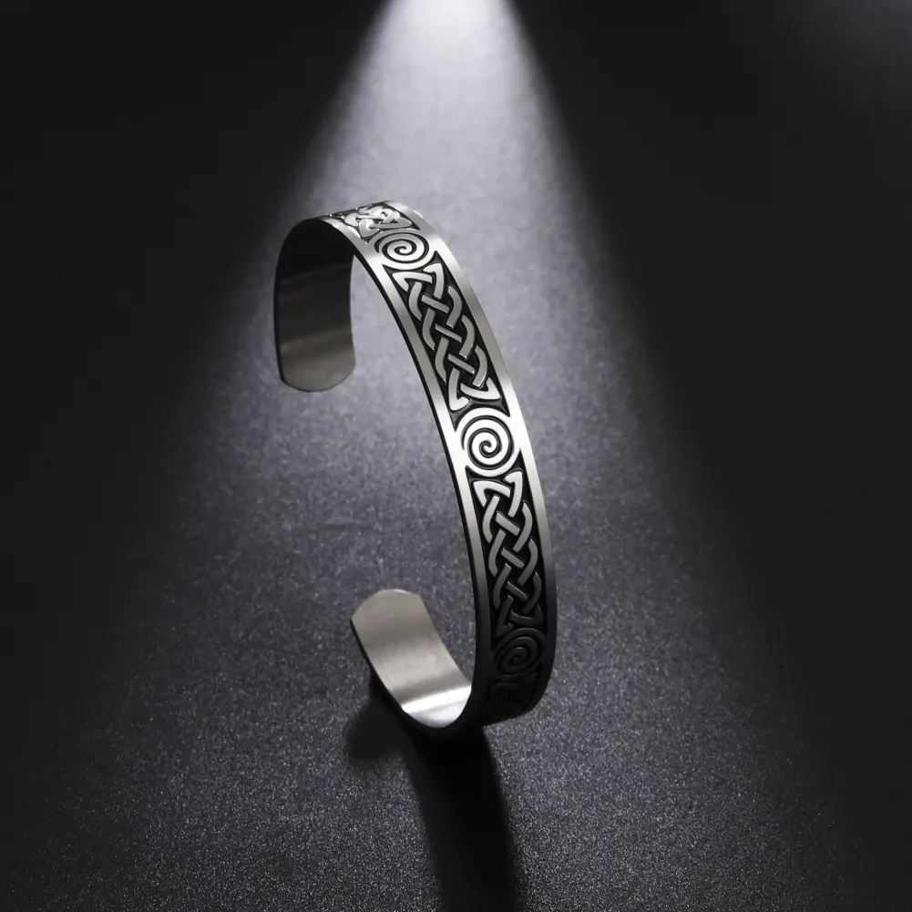 My shape Cuff Bangles for Men Women Celtics Knot Spiral Black Silver Color Stainless Steel Bangle Bracelet Retro Viking Jewelry