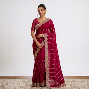 AARA Fashion Women Traditional <b>Red</b> Silk <b>Saree</b> Gold Embroidery Sun Protection All Seasons for Wedding Occasion Floor-Length - Product Image 1