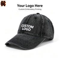 Casquette de baseball vintage non structurée à 6 panneaux en denim délavé plissé, avec broderie ou impression de logo personnalisé, vente en gros