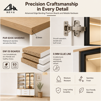 Armoire de rangement combinée blanc et chêne avec portes vitrées, tiroirs et étagères ouvertes pour chambre à coucher, en kit