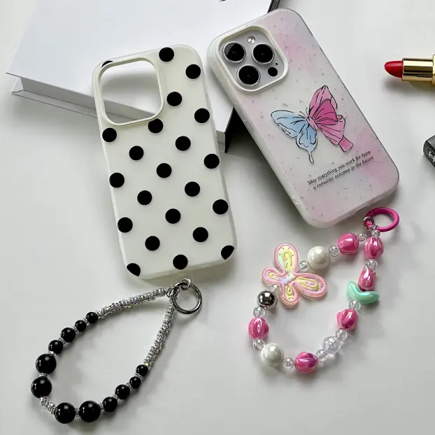 Black polka dot pink butterfly with same style bracelet strap for iPhone 15 Pro Max 14 Plus 13 12 11 Hard Slim Cell Phone Case