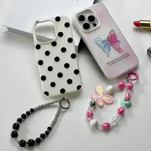 黑色圆点粉色蝴蝶同款手链带，适用于iPhone 15 Pro Max 14 Plus 13 12 11硬超薄手机套
