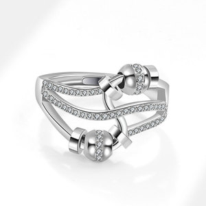 Anillo Giratorio Antiestrés con Cuentas, Ajustable, con Zirconia Pavé, Bañado en Oro Blanco sobre Cobre, Banda Cruzada, Anillos de Piedras Preciosas, de Moda para Mujer - Product Image 3