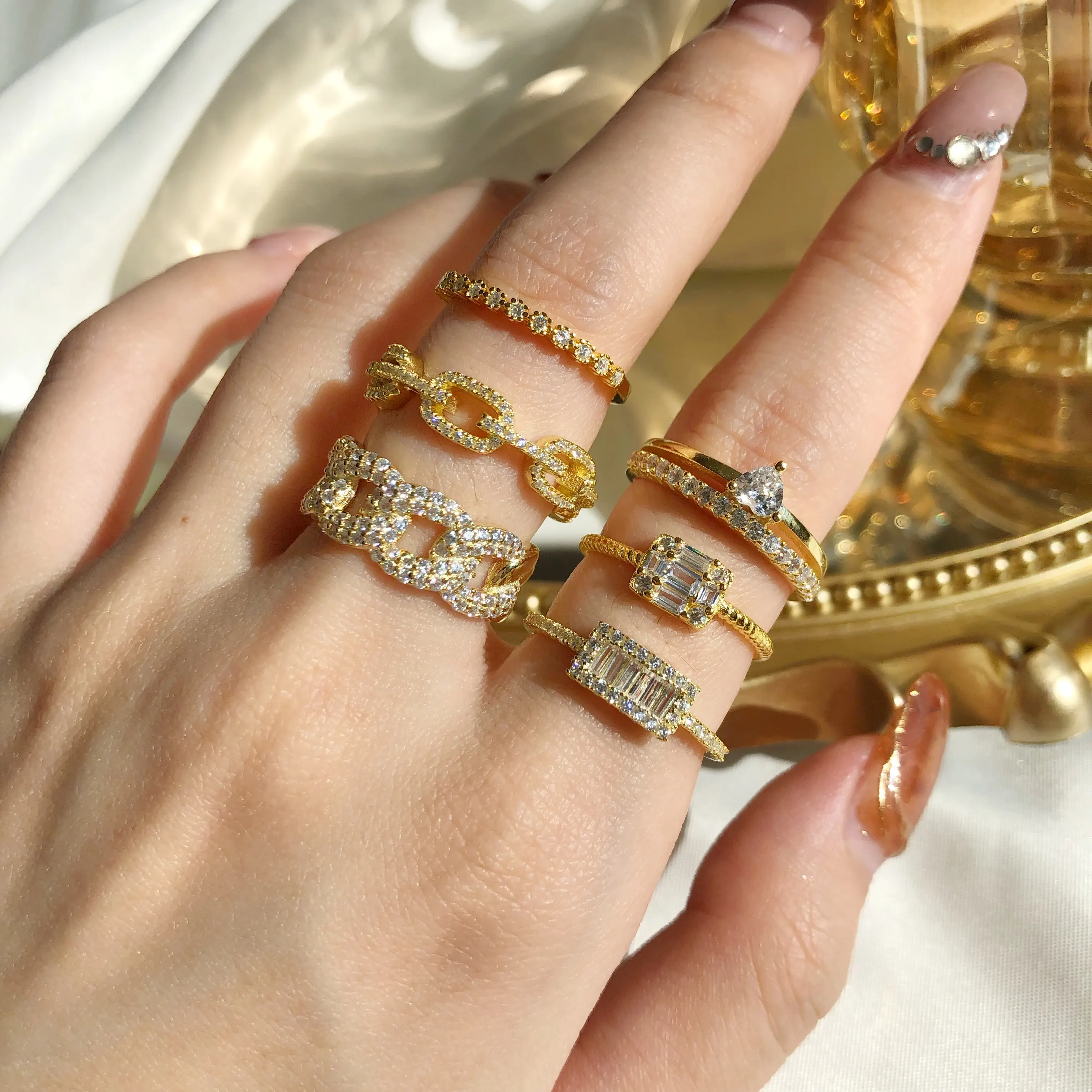 Juego cuadrados de anillos de plata esterlina para mujer, lujo, sin deslustre, compromiso, boda, anillos chapados en oro de 18 quilates, lindo