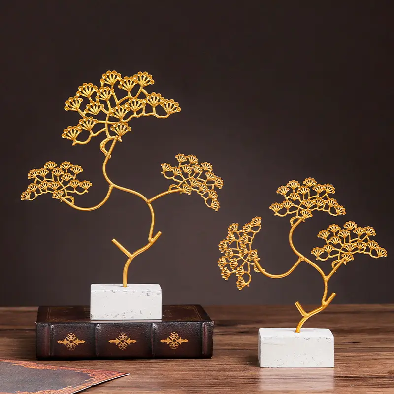 Adornos de pino de hierro forjado, escultura de árbol dorado Simple y creativo de estilo chino, adornos de Metal para oficina, hogar y porche