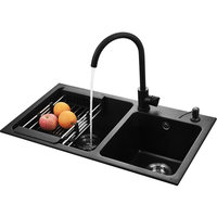 Évier de cuisine double bac en pierre de quartz à deux trous avec robinet, bassin nano pour le lavage des légumes et de la vaisselle, pour usage domestique