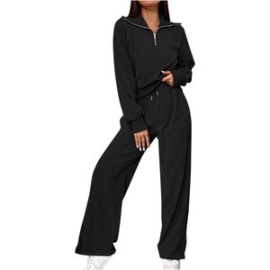 Conjunto de Sudadera y Pantalones de Chándal de 2 Piezas para Mujer, Sudadera Oversize con Media Cremallera, Pantalones Anchos, Chándal Informal Transpirable de Diseño Sencillo - Product Image 1