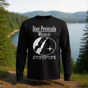 T-shirt à manches longues Door Peninsula Wisconsin, design carte 4457'26"N 8717'02"W - Product Image 3