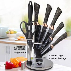Luxury Black Coating Stainless Steel PP Handle <b>Kitchen</b> Knives <b>Scissors</b> Sharpening Rod Set With 360 Degrees Rotates Acrylic Base - Product Image 1