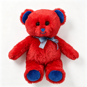 Customized bright <b>red</b> teddy bear, blue accents teddy bear, blue nose and feet bear, blue satin <b>bow</b> teddy bear, fluffy <b>red</b> fur - Product Image 5