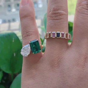 emerald engagement rings celebrity Suppliers-Emily Ratajkowski Celebrity Engagement Ring Double Diamond Peer Moissanite En Lab Emerald 10K Gold Toi Et Moi Ring