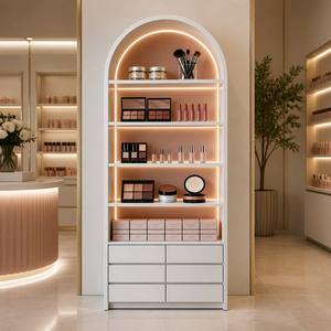 Vitrine Murale LED Courbée pour Cosmétiques, Finition Or Blanc, Étagère à Produits de Beauté avec Tiroir, Présentoir de Magasin pour Soins de <span class=keywords><strong>la</strong></span> Peau et Maquillage - Product Image 2