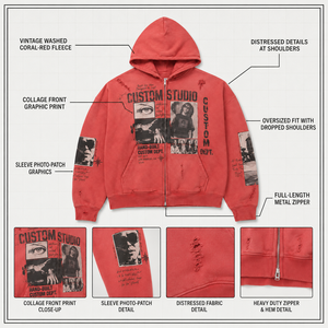 Custom 450GSM Cotton Hoodie Sun Bleached Mud Wash Distressed Boxy Fit Heavyweight Red <b>Pullover</b> Vintage Streetwear <b>Men</b> Hoodie - Product Image 3