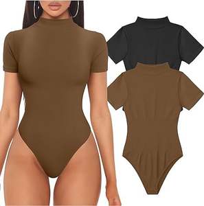I-0406 Women Bodysuit Sexy Ribbed <b>Turtleneck</b> Short <b>Sleeve</b> <b>Top</b> Yoga Bodysuit - Product Image 2