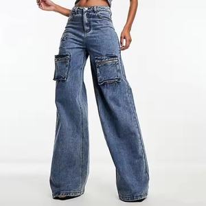 Jean évasé vintage taille haute pour femme, pantalon décontracté en denim mi-mollet, multi-poches, coupe large, respirant, couleur unie - Product Image 3