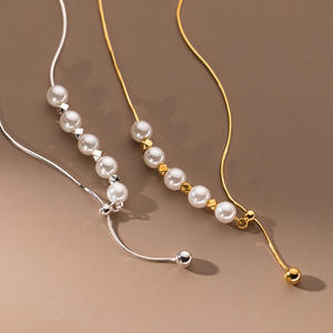 Collier en argent pur S925 avec perle de riz, pendentif rétro à double rangée de petites perles rondes avec chaîne de clavicule D9599 - Product Image 1