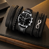 Promotion Luxe Ensemble Montre et Bijoux Homme 5 Pièces, Montre-Bracelet Chronographe à Quartz en Cuir Noir Fait Main, Bracelet Tressé Infini, Cadeau