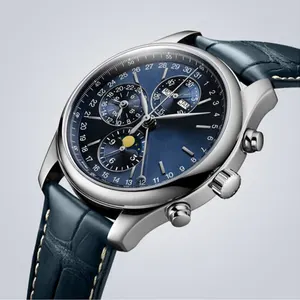 Correa de cuero genuino personalizada para hombre, reloj de pulsera de lujo de movimiento japonés, fase lunar analógica, de alta calidad