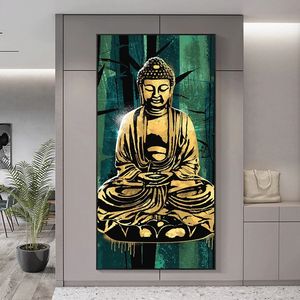 Statua di Buddha Dorata in Meditazione, Dipinto a Olio su Tela, <span class=keywords><strong>Poster</strong></span> con Sfondo Verde, Arte Buddista da <span class=keywords><strong>Parete</strong></span>, Stampa Decorativa per <span class=keywords><strong>Soggiorno</strong></span> - Product Image 3