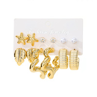 Lot de 6 paires de boucles d'oreilles clous fantaisie pour femmes, plaquées or, motifs feuille, étoile, coquillage, perle et nœud, style géométrique