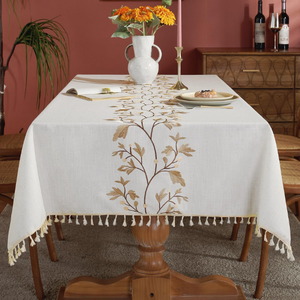 Fabricante directo Manteles personalizados Mantel de lino Flor Rectángulo Mantel redondo Mantel bordado con borla - Product Image 1