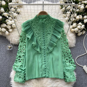 Camicette e camicie da donna di fascia alta personalizzate <span class=keywords><strong>in</strong></span> <span class=keywords><strong>pizzo</strong></span> di cotone di lusso leggero con maniche a lanterna con maniche vuote stile Casual elegante - Product Image 1