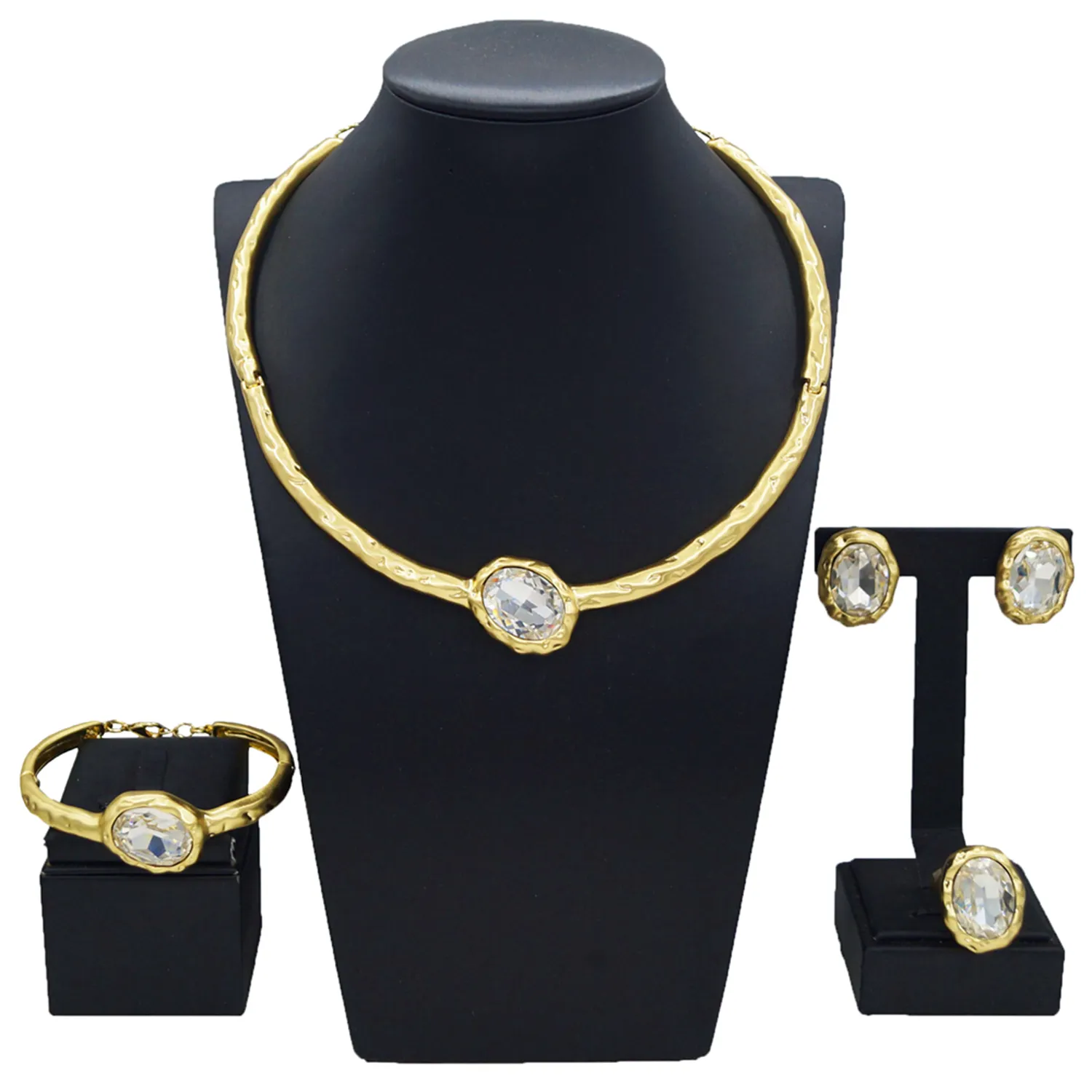White Stone Simple Design Dubai Jewelry Accessories 24 K Gold Plated African Jewelry Sets Dubai Jewelry Display Necklace Sets