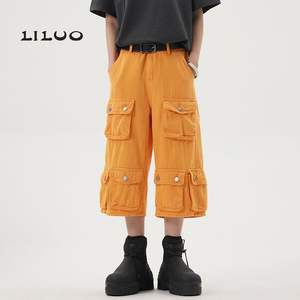 男性用バギーデニムショーツオレンジミッドウエストパンツビッグポケット付きダークウォッシュ織りジーンズショートパンツ男性用 - Product Image 3