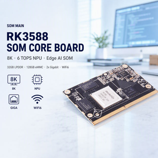 Rock.chip Edge AI Core Board 8K 6 TOPS NPU 32GB LPDDR MIPI CSI in 2x Gigabit WiFi6 Debian RK3588 System on Module