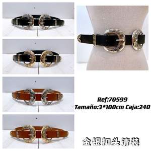 Ceinture en cuir véritable avec boucle argentée 100 cm, style western, accessoire de mode - Product Image 1