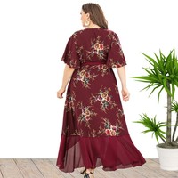 Mode femme grande taille Floral tenue décontractée Sexy col en V Boho en mousseline de soie Maxi grande taille robe plissée grande taille