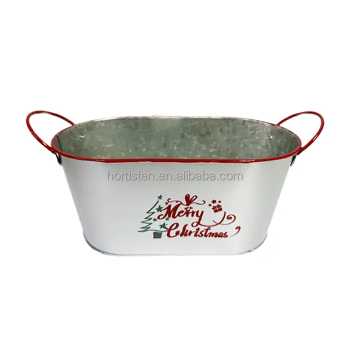 Atacado Oval Merry Christmas Metal Pot Cover Galvanizado Bucket Tub Com Handle Sweet LOGO Basket For Gift Decoration