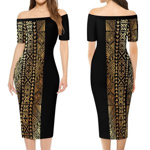 Robes d'<span class=keywords><strong>Été</strong></span> à Motif Tapa Tribal Polynésien pour Femmes Grandes Tailles, <span class=keywords><strong>Robe</strong></span> Longue Femme Manches Courtes Épaules Dénudées, Robes Hawaïennes 5XL 6XL - Product Image 4