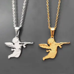 Engraving Angel Necklace Cherub Necklace for Women Girls Angel Wings Pendant PVD 18k Gold Cupid Guardian Aesthetic Necklace