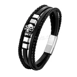 Bulk Groothandel Meerlagige Pu Lederen Armband Met 316l Roestvrijstalen Schedel Bedels Voor Man Vacuüm Ion Plating 1646985