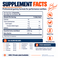 Gummies EAA Bêta-alanine Clean Label sans sucre, véganes, sans gluten pour un style de vie actif, usage pré-entraînement, approvisionnement en marque blanche