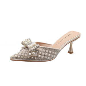 Sandalias Elegantes de Tacón de Aguja con Media Copa y Perlas para Mujer, Sandalias de Punta con Pedrería para Fiesta o Uso Diario - Product Image 5