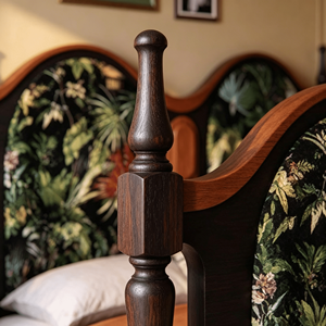 Upholstered Wooden <b>Bed</b> Frame Queen <b>Size</b> Fabric <b>Headboard</b> Soft <b>Bed</b> with Floral Design Eclectic Style - Product Image 2