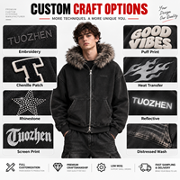 Sweat à capuche zippé surdimensionné personnalisé délavé à l'acide, unisexe, style streetwear vintage, en fausse fourrure épaisse, fournisseur en gros pour marques