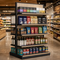 Étagère d'îlot double face à 4 niveaux avec panneaux arrière en bois, garde-corps fumés et cadre en acier noir pour présentoir de magasin de détail
