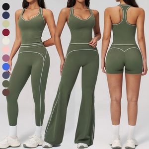 Ensemble de <span class=keywords><strong>sport</strong></span> color block pour femme, respirant, débardeur de yoga sans manches, short de <span class=keywords><strong>sport</strong></span> taille haute, leggings et pantalon évasé pour le fitness - Product Image 3
