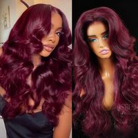 Perruque frontale en cheveux humains couleur bordeaux, vente en gros, cheveux vierges alignés sur les cuticules, ondulés, Remy brésiliens 99J 13x4 HD transparente