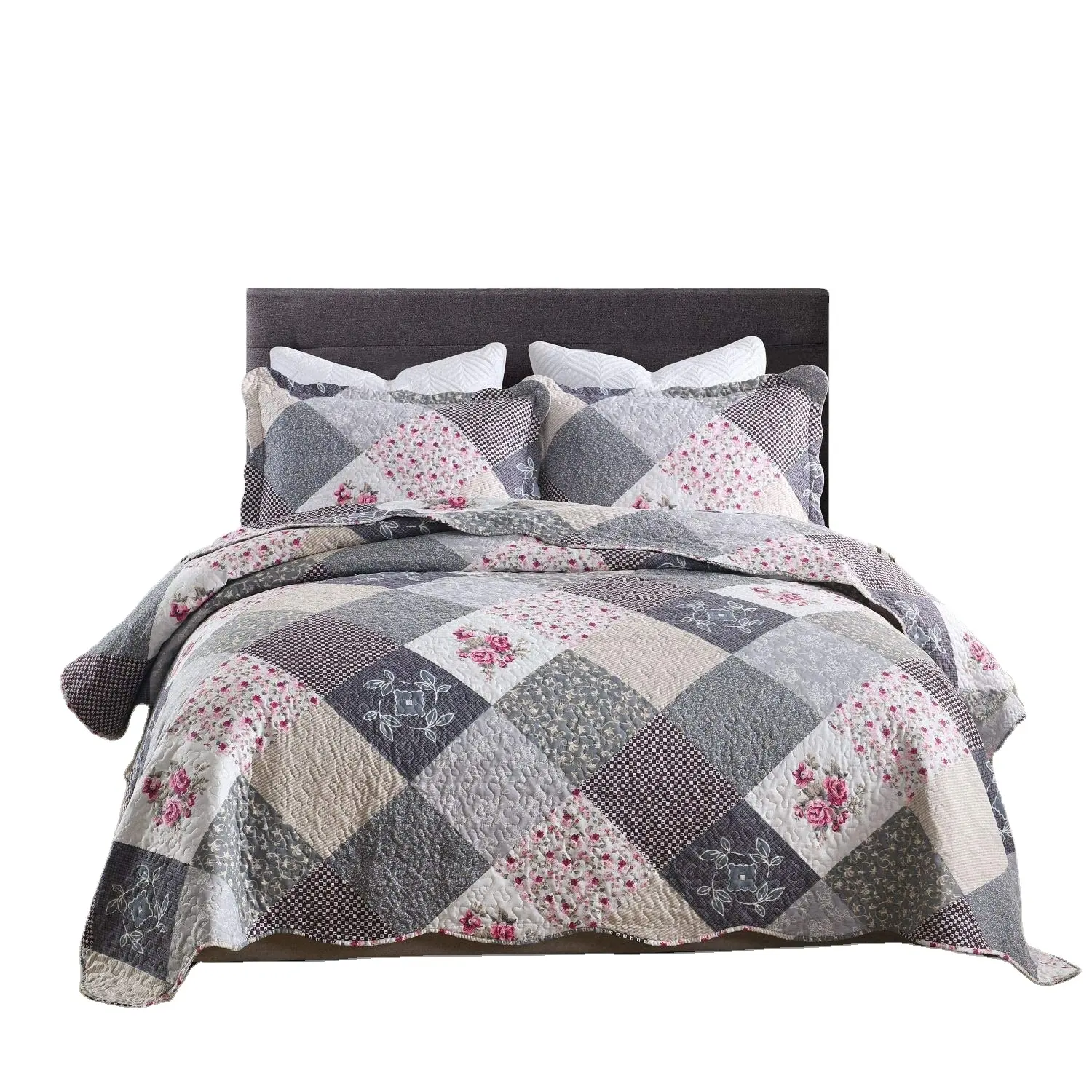 Grey Rose Microfiber Quilts Reversible Bedspreads Patchwork Coverlets Floral Bedding Set All Season Quilts Bedding 3 Piece Set