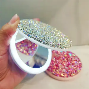 Rhinestone Makeup Mirror LED Chargeable Two-side Fold Round Portable Travel Pocket Mirror Handheld Vanity Glass Touch Screen