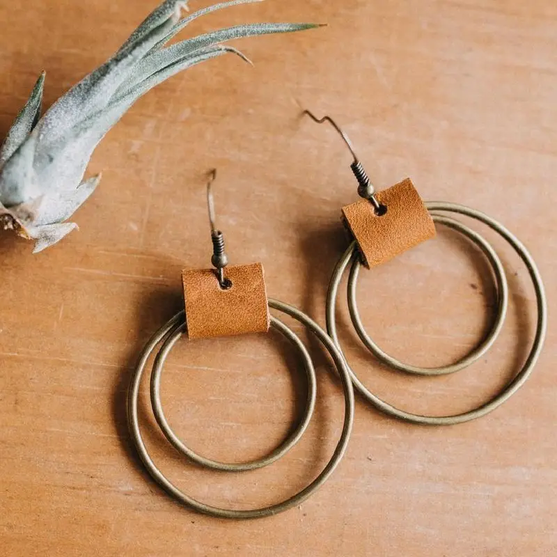 Fashion hoop earrings retro earrings bronze circle leather earrings jewelry women