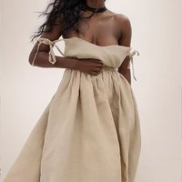 Robe de soirée mi-longue élégante d'été avec nœud papillon, col carré, bretelles spaghetti, en tissu naturel, fermetures éclair, lavable